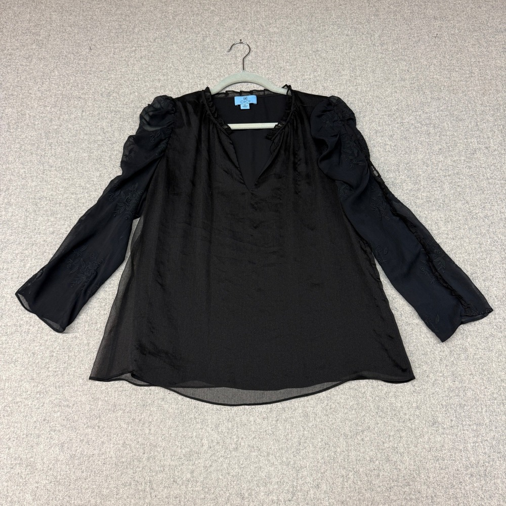 CeCe | V-Neck Ruffle Blouse | XS | Black | Embroidered Sheer Long Sleeve Top
